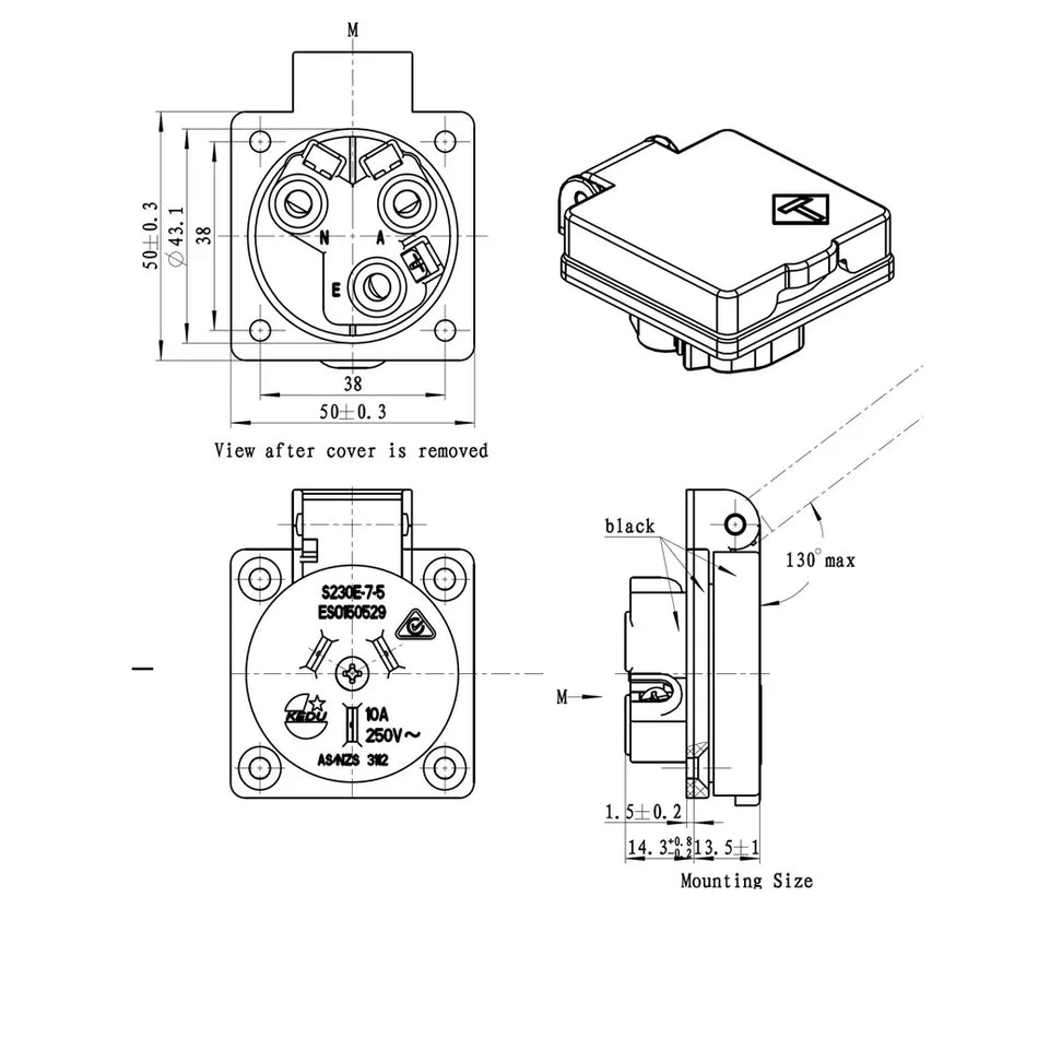 15A NZ/AU Standard Panel Mount Socket Outlet With Flap
